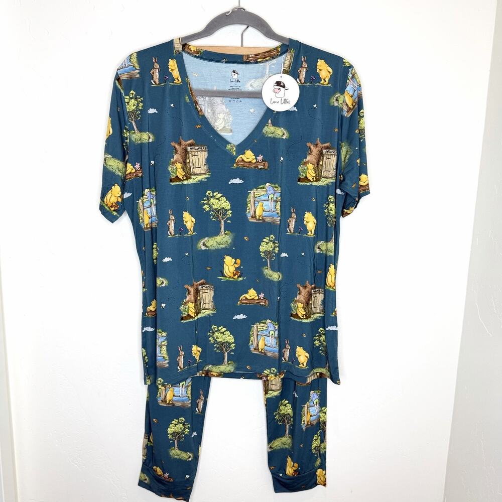 Lama Littles Womens XXL Soft Bamboo Pajama Set Pooh Piglet Green V Neck Pants